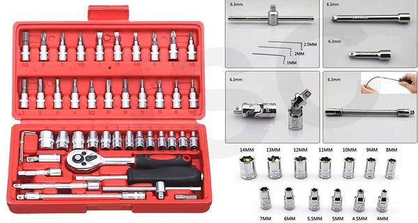 422 Socket 14 Inch Combination Repair Tool Kit (Red 46 Pcs) - Trendex