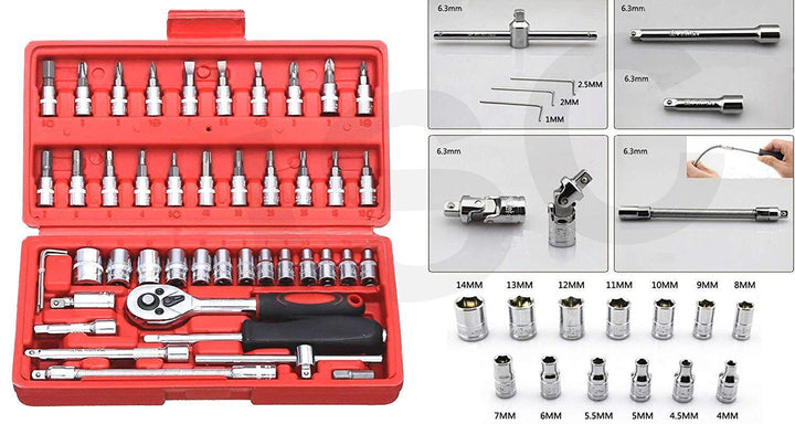 422 Socket 14 Inch Combination Repair Tool Kit (Red 46 Pcs) - Trendex