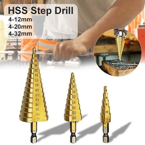 437 -3x Large Hss Steel Step Cone Drill Titanium Bit Set Hole Cutter (4-32 4-20 4-12mm) - Trendex