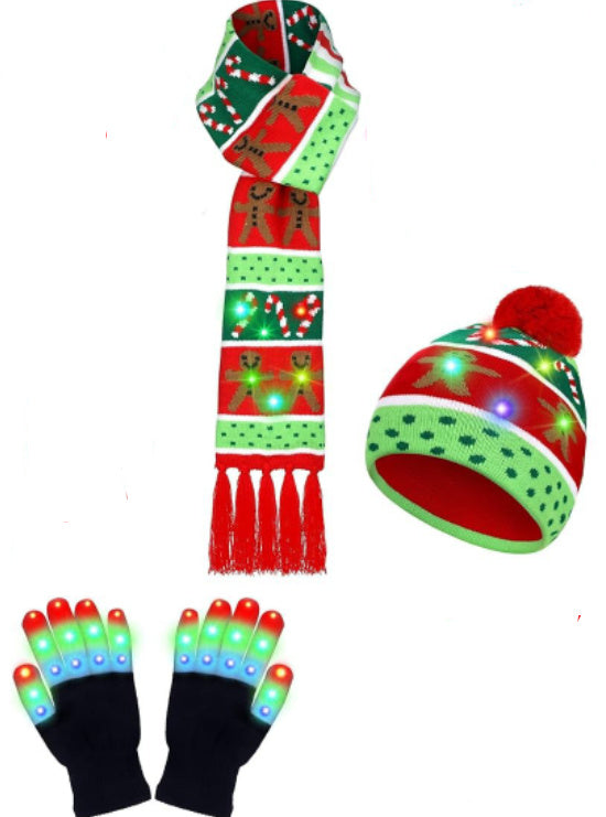 LED Christmas Knitted Hat Scarf Gloves Three-piece Set - Trendex
