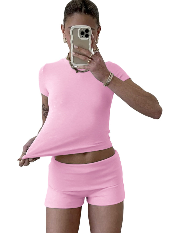 Casual Women's Workout Two-piece Short Sleeve High Waist Fold Bell-bottom Pants Shorts - Trendex