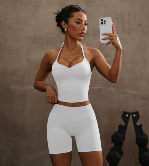 Halter Spaghetti Straps Exercise Vest High Waist Crimp Shorts Suit - Trendex
