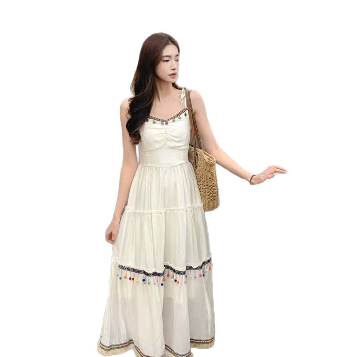 Vacation Style Red Suspender Skirt Ethnic Style Dress - Trendex