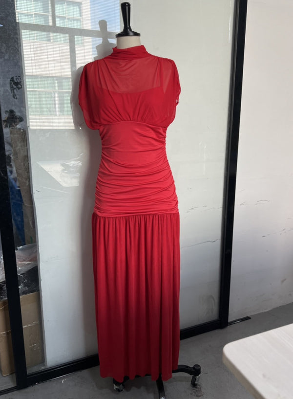 Half Turtleneck Mesh Stitching Long Dress - Trendex