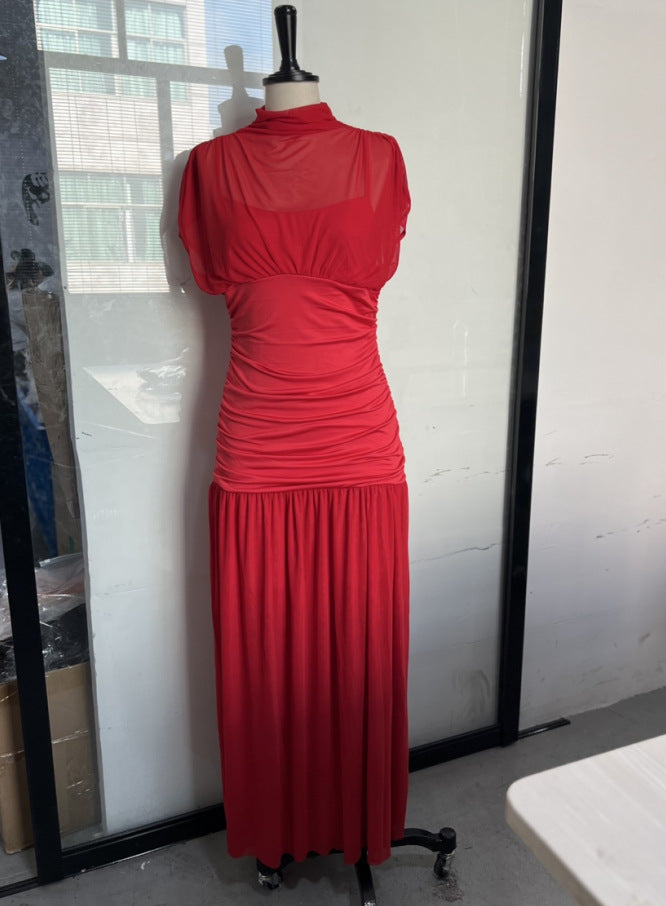 Half Turtleneck Mesh Stitching Long Dress - Trendex