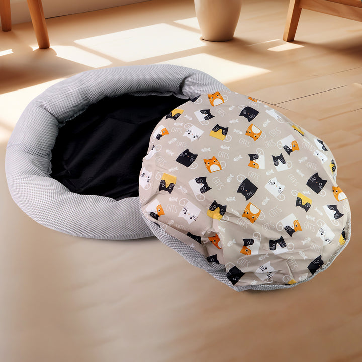 Round Soft Plush Cat Bed With Cartoon Cat Print Cushion  1 Pc - Trendex
