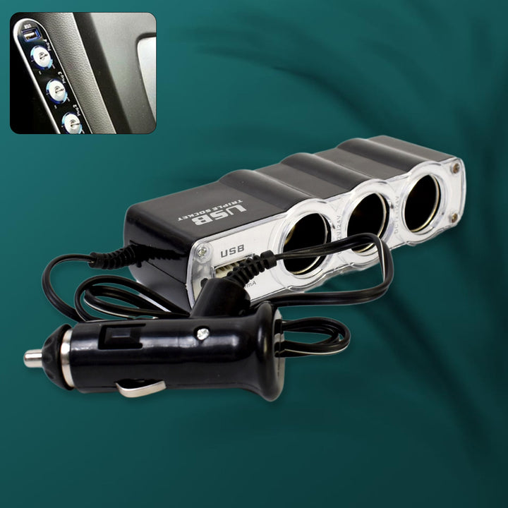 Triple 3 Way Car 12v Lighter Socket Splitter Usb Charger Power Adapter - Trendex