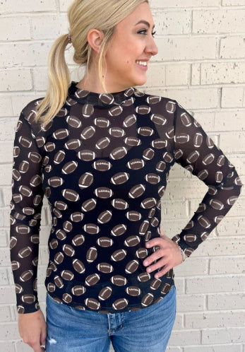 Black Game Day Rugby Mesh Sheer Long Sleeve Top - Trendex