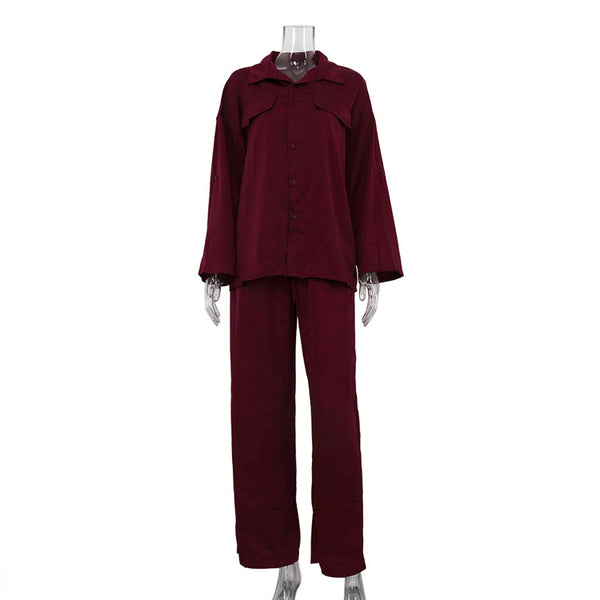 Lapel Long Sleeve Loose Shirt High Waist Trousers Two-piece Set - Trendex