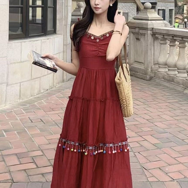 Vacation Style Red Suspender Skirt Ethnic Style Dress - Trendex