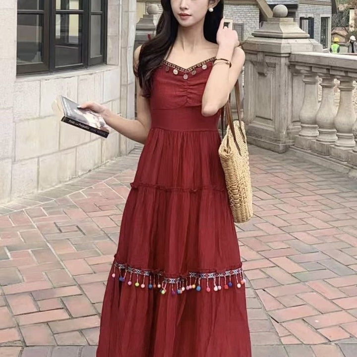 Vacation Style Red Suspender Skirt Ethnic Style Dress - Trendex