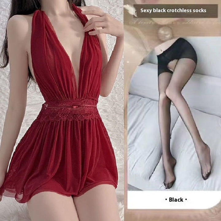 French Mesh Backless Halter Sexy And Breathable Nightdress For Women - Trendex