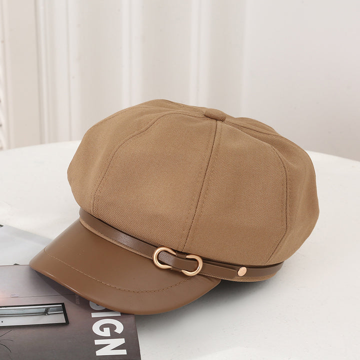 Casual Face-showing Small Peak Cap Octagonal Cap Leather Brim Hat With Buckle - Trendex