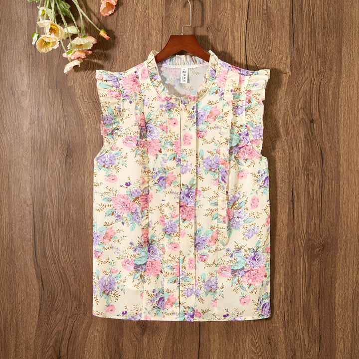 Sleeveless Ruffled Floral Women's Loose Sweet Chiffon Printed Top - Trendex