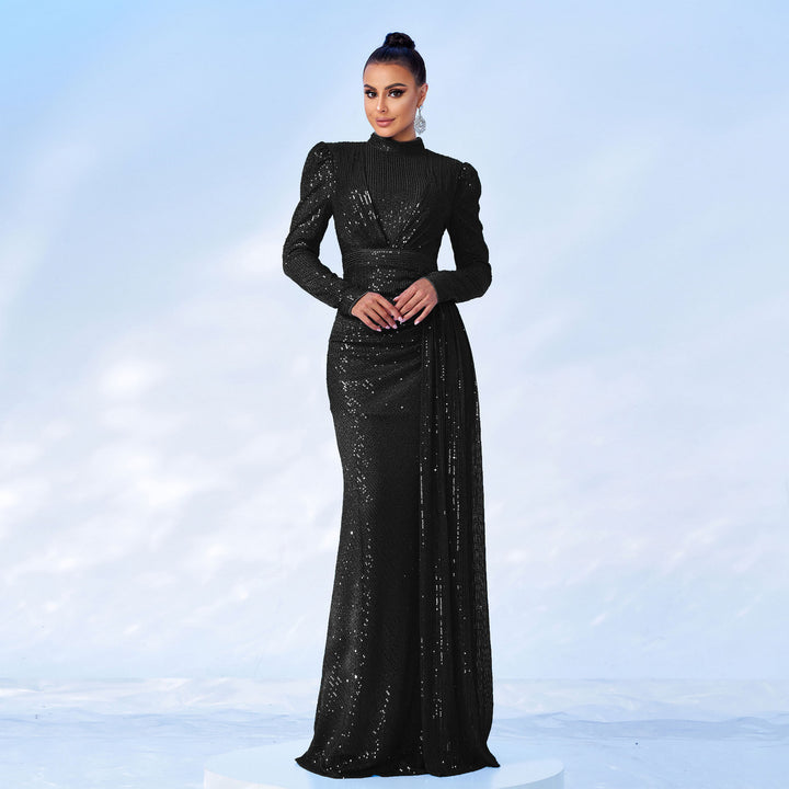 Long Sleeve Round Neck Sexy Slim Long Sequined Banquet Dress - Trendex