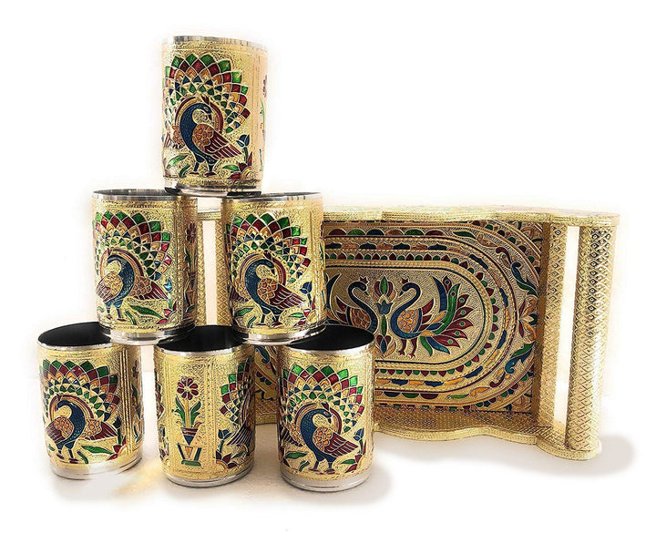 2125 Peacock Design Glass With Handle And Handicraft Serving Tray Set - Trendex