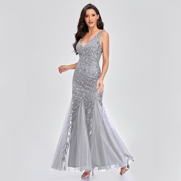 Sexy Long Dress Sleeveless V-neck Embroidered Sequin Slim Mermaid Dress - Trendex