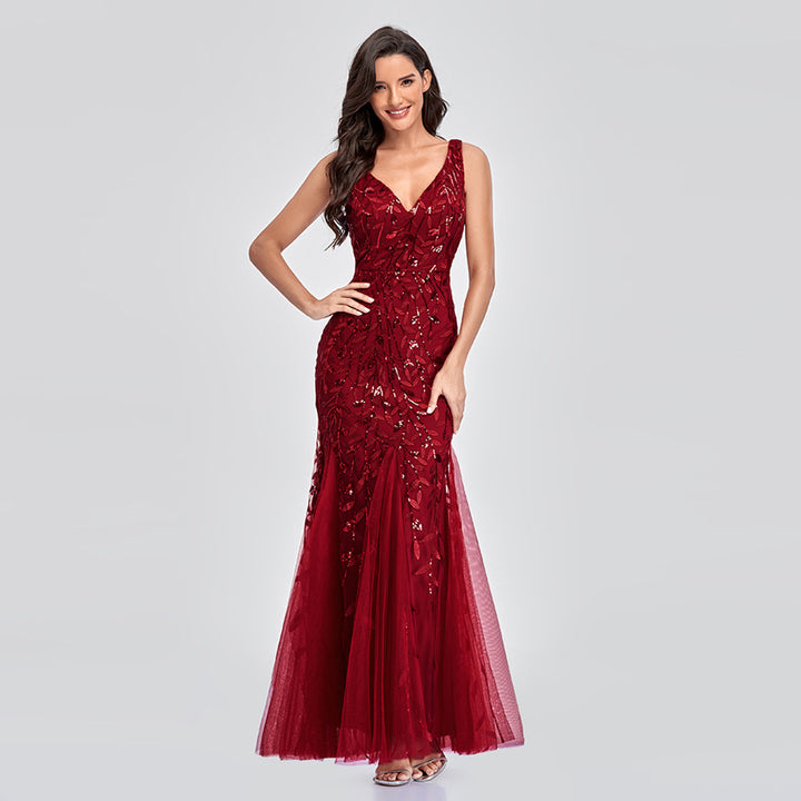 Sexy Long Dress Sleeveless V-neck Embroidered Sequin Slim Mermaid Dress - Trendex