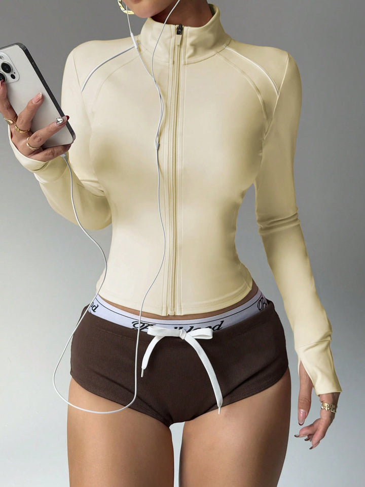Short Contrast Color Sports Yoga Jacket Fitness Zip Long Sleeve Coat - Trendex