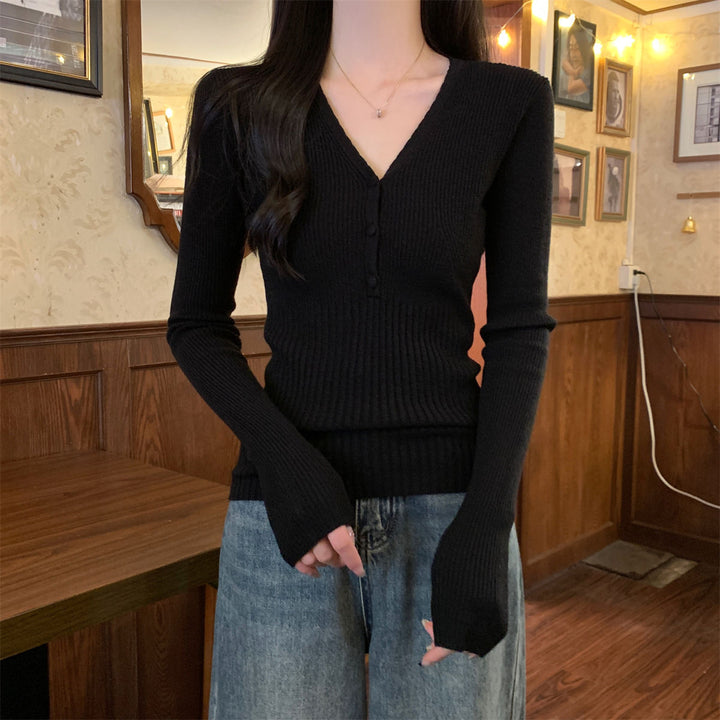 Waist-tight Slimming V-neckline Long-sleeved Women's Temperament Commute Pure Sweater - Trendex
