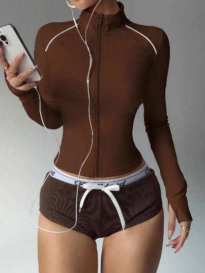 Short Contrast Color Sports Yoga Jacket Fitness Zip Long Sleeve Coat - Trendex
