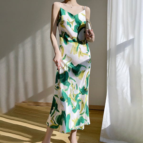 Women's V-neck Mid-length Satin Sling Dress - Trendex