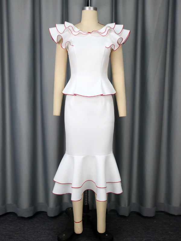 Women's Ruffled Contrast Color Top Temperament Slim Fishtail Skirt Suit - Trendex