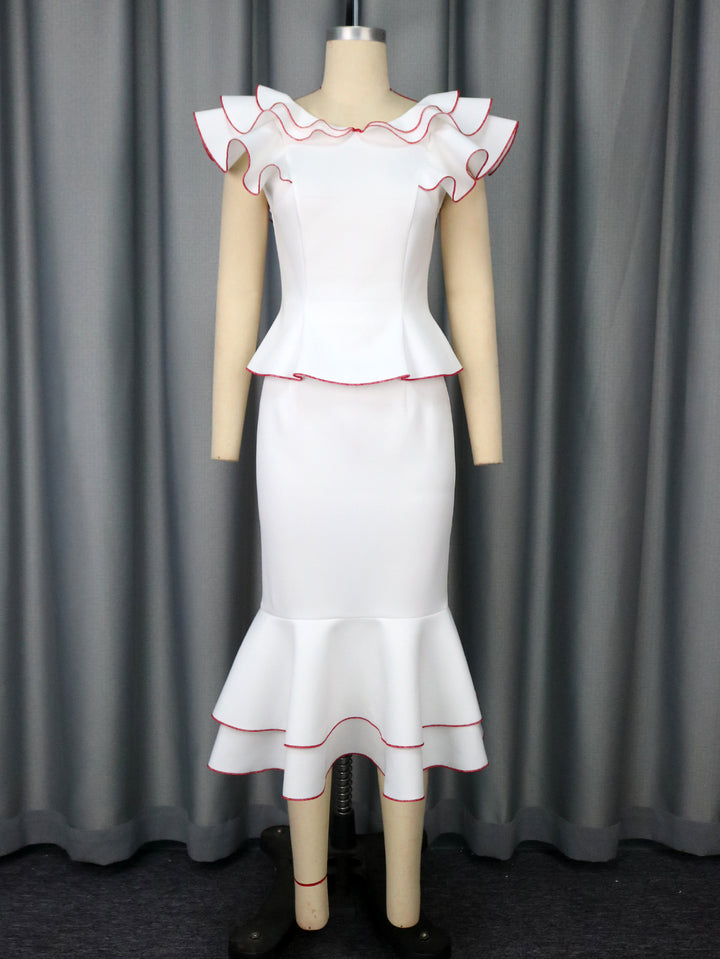 Women's Ruffled Contrast Color Top Temperament Slim Fishtail Skirt Suit - Trendex