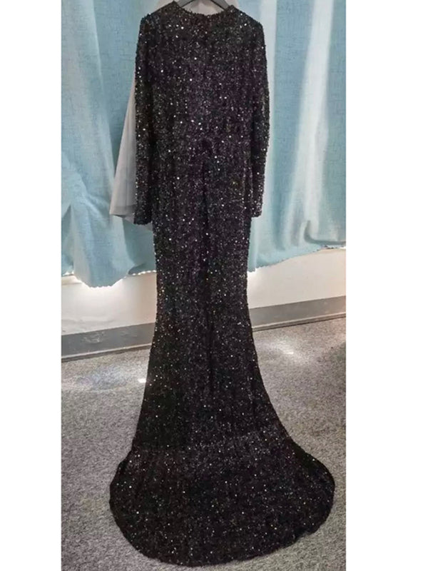 Grey Long Sleeve Sequin Evening Dress - Trendex