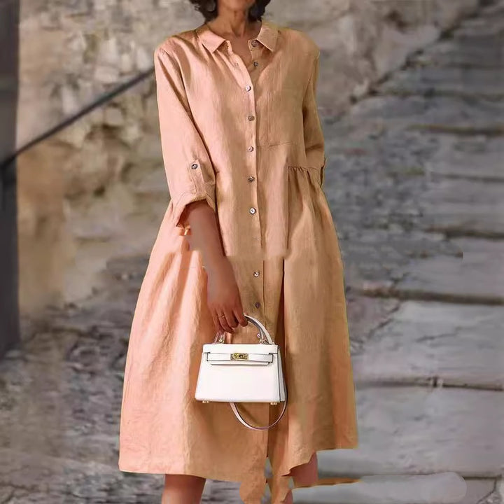 Pure Cotton And Linen Solid Color Loose Pocket Dress - Trendex