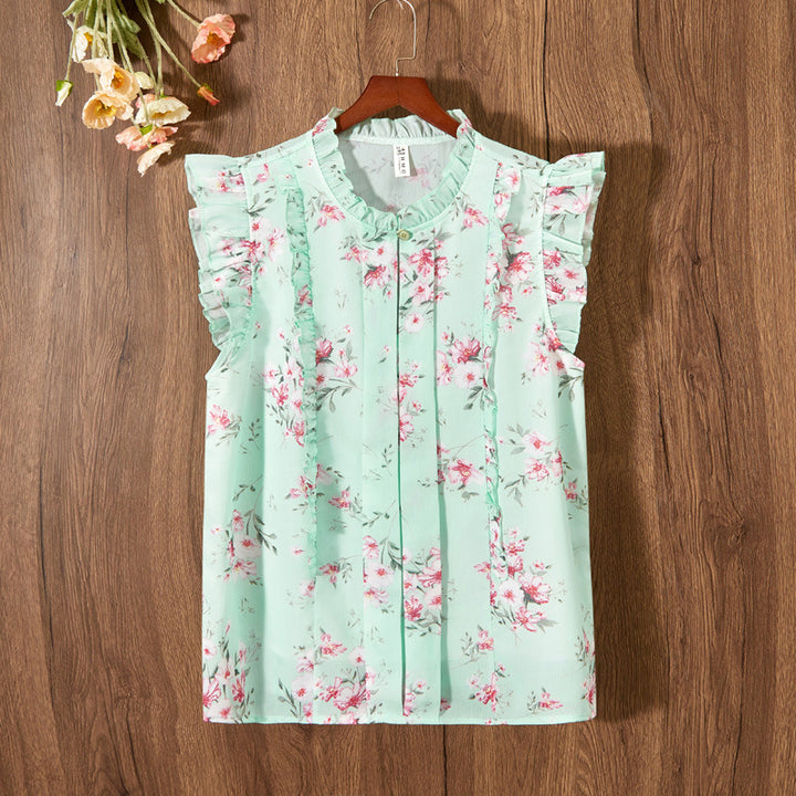 Sleeveless Ruffled Floral Women's Loose Sweet Chiffon Printed Top - Trendex