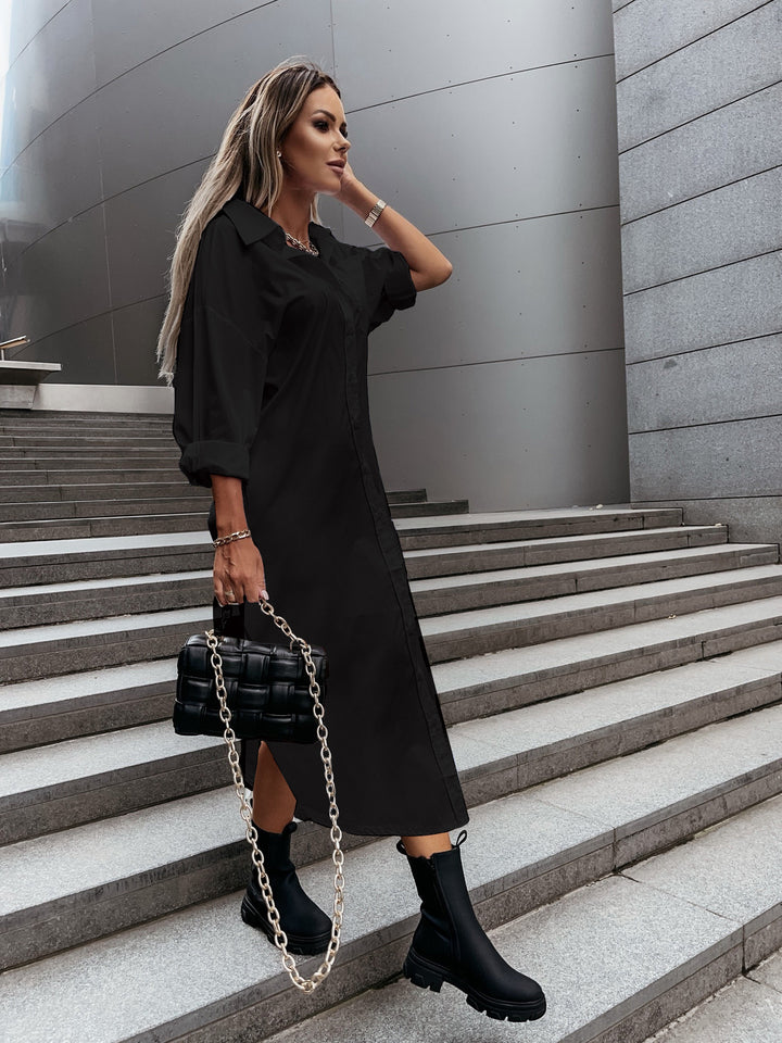 Autumn Fashionable With Side-slit Loose Casual Solid Color Shirt Dress - Trendex