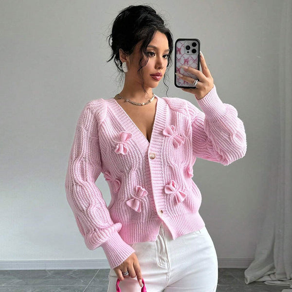 Women's Solid Color Long Sleeve Bowknot Knitwear Cardigan Coat - Trendex