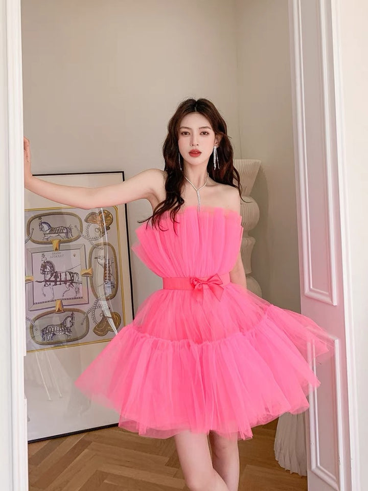 Design Bow Waist-tight Fairy Mesh High Waist Bubble Dress - Trendex