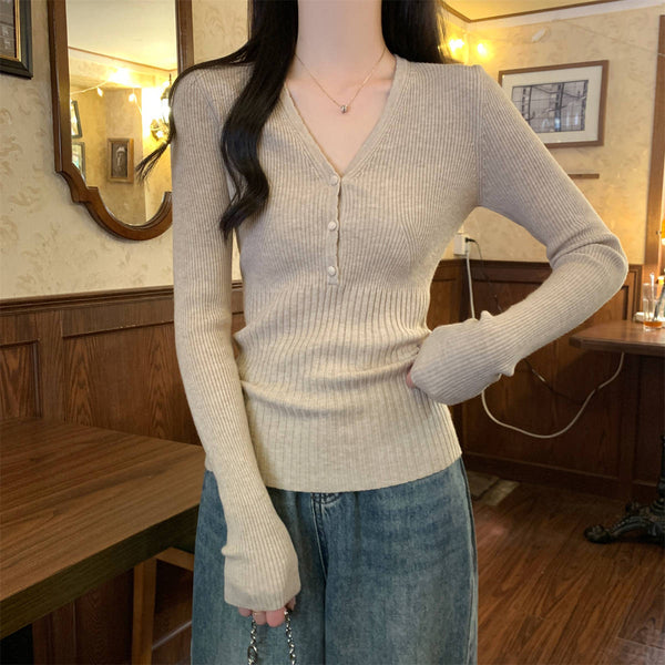 Waist-tight Slimming V-neckline Long-sleeved Women's Temperament Commute Pure Sweater - Trendex
