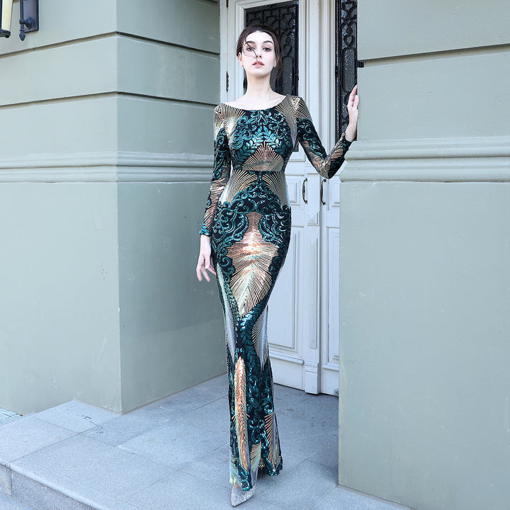 Fashion Stitching Mopping Long Sequin Dress - Trendex