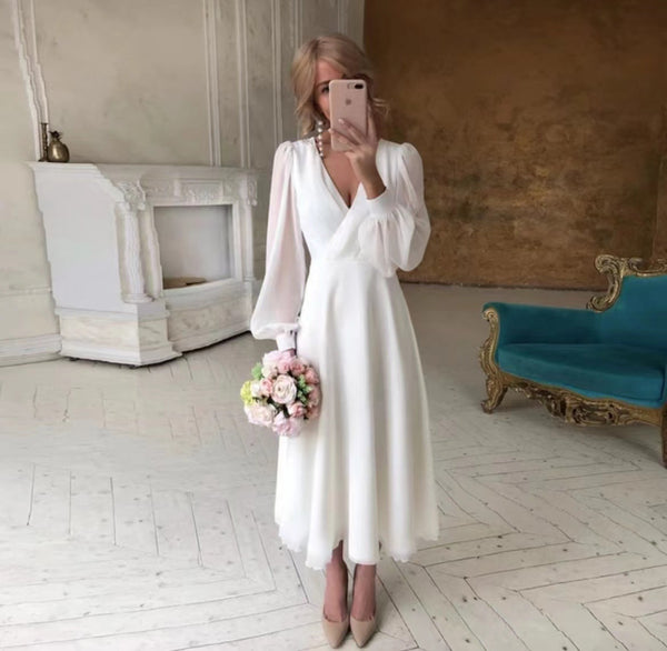 Wedding Long Sleeve Super Fairy Simple White Evening Dress - Trendex