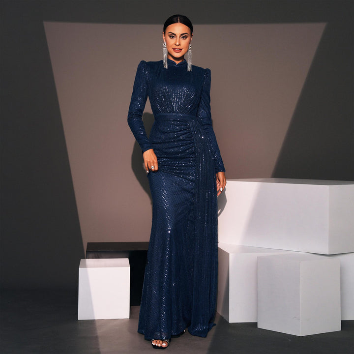 Long Sleeve Round Neck Sexy Slim Long Sequined Banquet Dress - Trendex