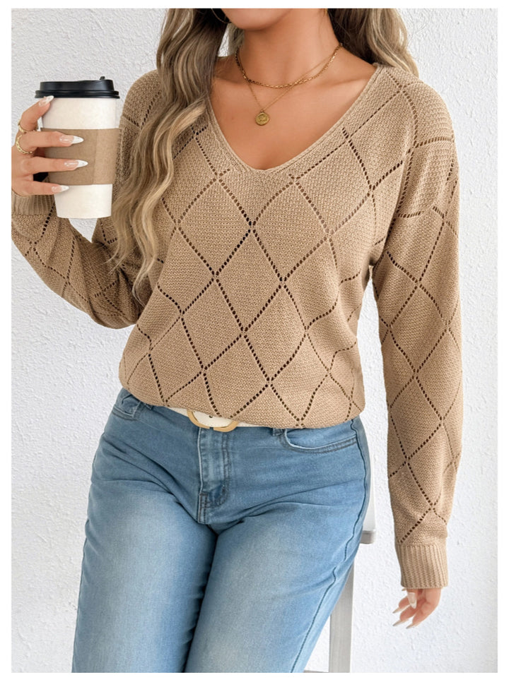 Solid Color And V-neck Sexy Cutout Plaid Long-sleeved Sweater Sweater - Trendex