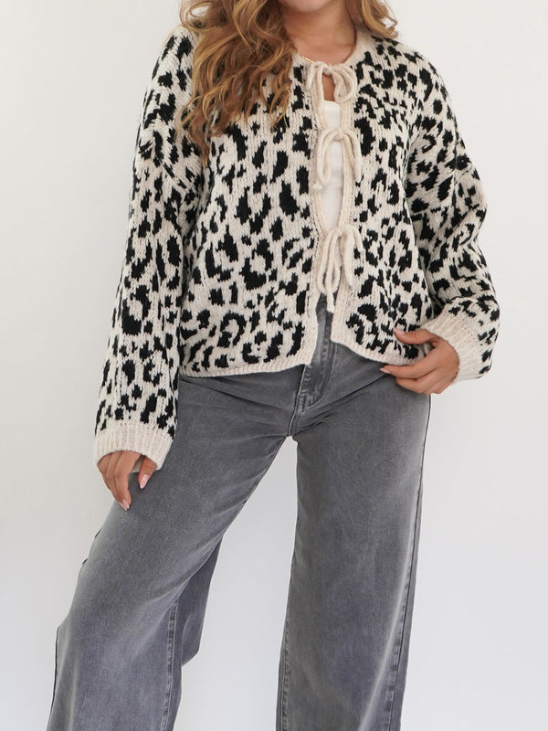 Round Neck Tied Leopard Print Knitted Cardigan Sweater - Trendex