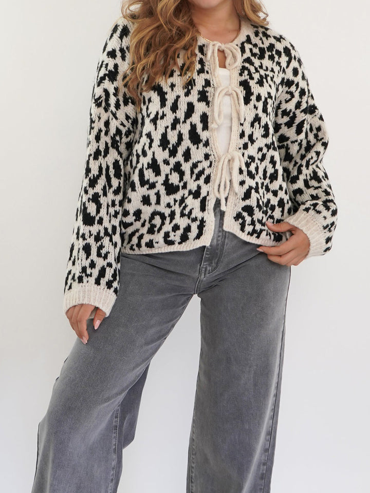 Round Neck Tied Leopard Print Knitted Cardigan Sweater - Trendex