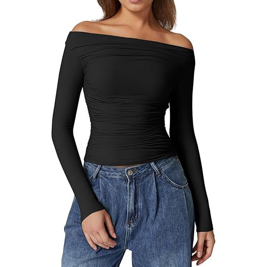 European And American Women's Clothing Top Off-shoulder Long Sleeve T-shirt - Trendex