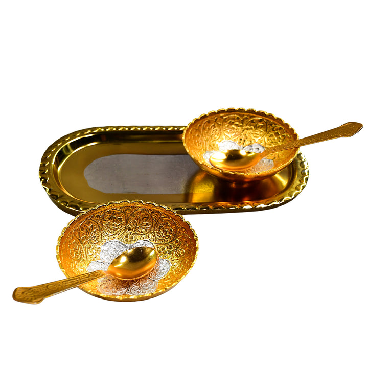 2947 Gold Silver Plated 2 Bowl 2 Spoon Tray Set Brass With Red Velvet Gift Box Serving Dry Fruits Desserts Gift - Trendex