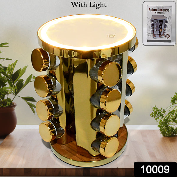 10009 Led Spice Rack Organizer Rotating Spice Rack With Free 16 Seasoning Jars Revolving Tower Organizer Stainless Steel For Kitchen Storage (Golden  16 Pc  Moq - 6 Pc) - Trendex
