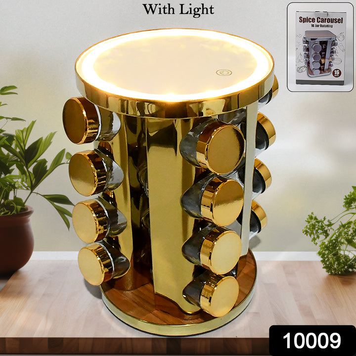 10009 Led Spice Rack Organizer Rotating Spice Rack With Free 16 Seasoning Jars Revolving Tower Organizer Stainless Steel For Kitchen Storage (Golden  16 Pc  Moq - 6 Pc) - Trendex