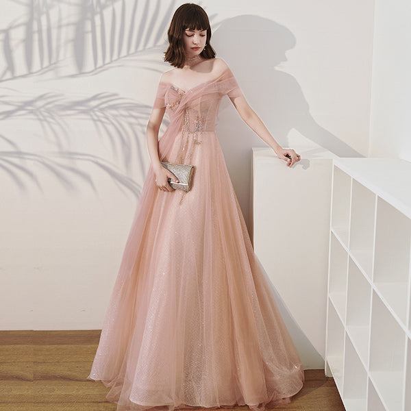 One Shoulder Slim Fairy Aura Light Gauze Bridesmaid Dress - Trendex