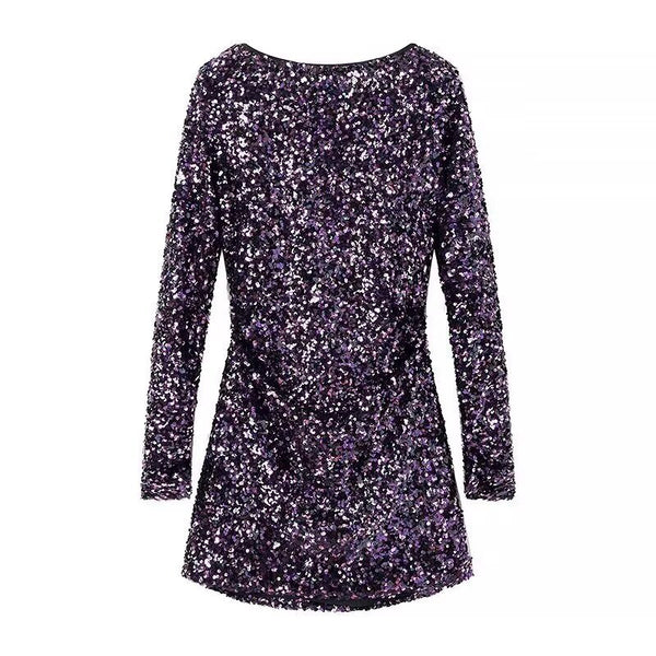 French Style Retro Crew Neck Long Sleeve Sequined Backless Dress - Trendex