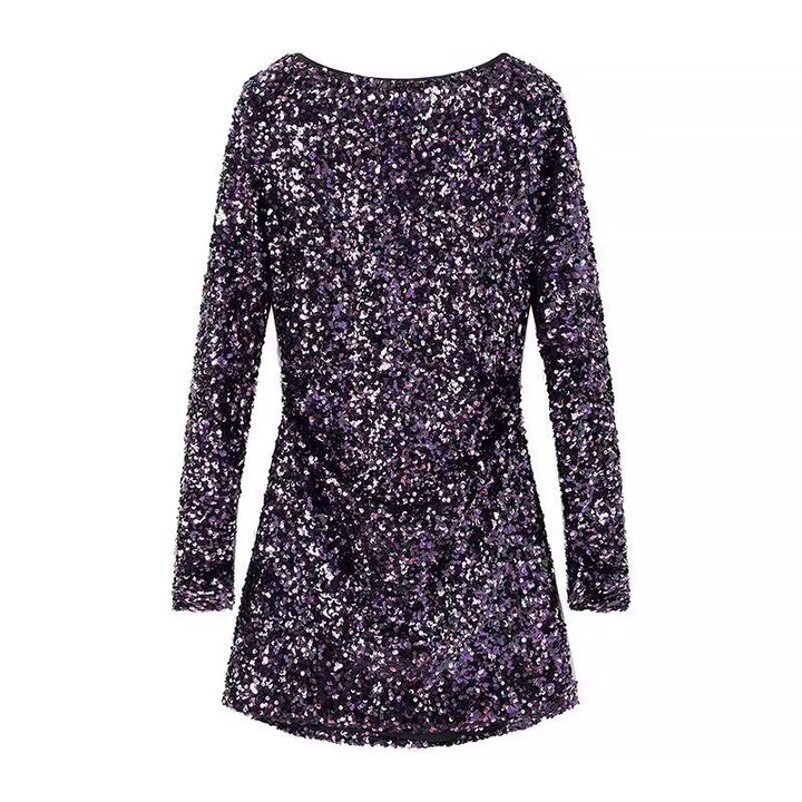 French Style Retro Crew Neck Long Sleeve Sequined Backless Dress - Trendex