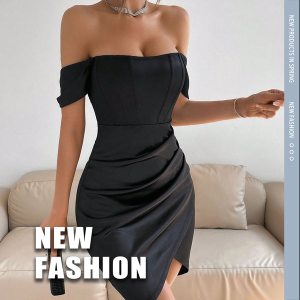 Off-shoulder Collar Spring Women's Mid-length Dress - Trendex