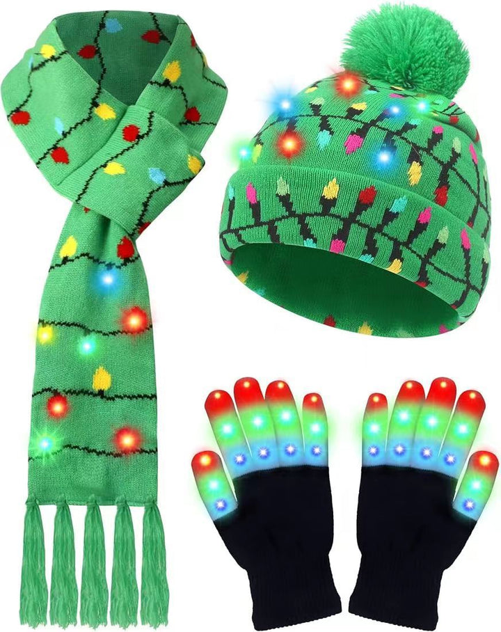 LED Christmas Knitted Hat Scarf Gloves Three-piece Set - Trendex